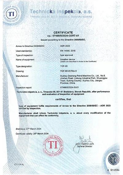  Certificación ADR (Dispositivo de respiración)   